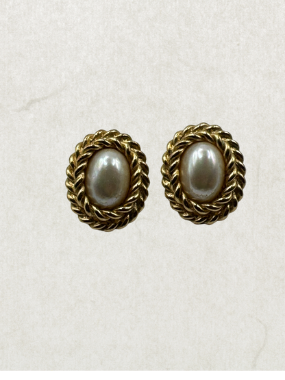 Vintage Christian Dior Earrings – Faux Pearl Gold Tone Rope Frame, Classic Statement