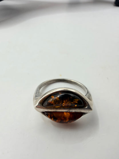Sterling Silver Split Amber Ring - Size 5.5