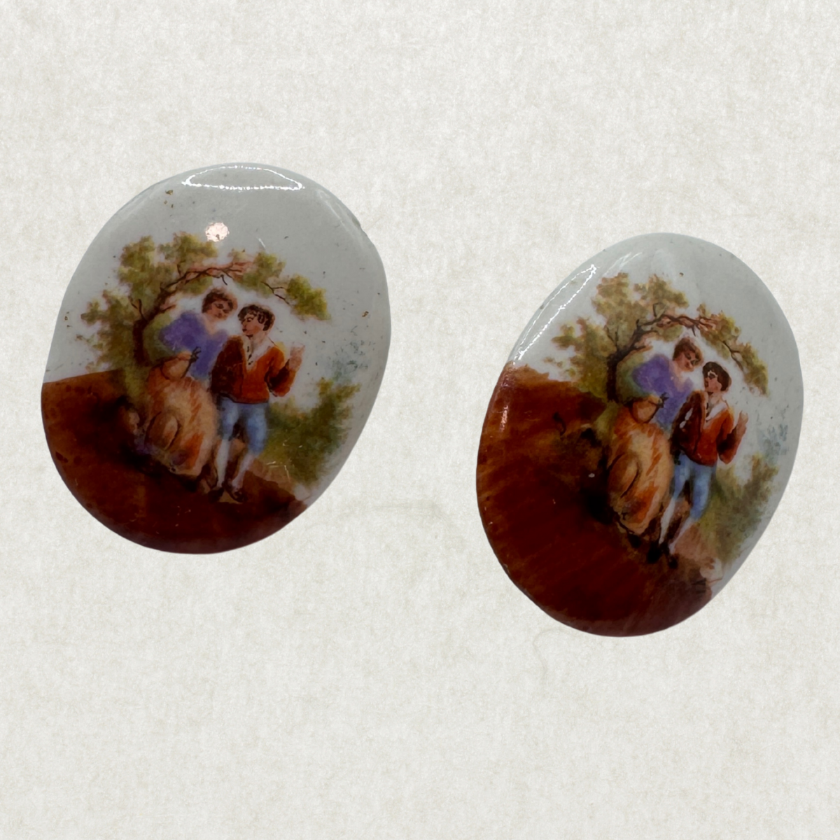 Vintage Victorian Porcelain Clip-On Earrings – Hand-Painted Romantic Scene