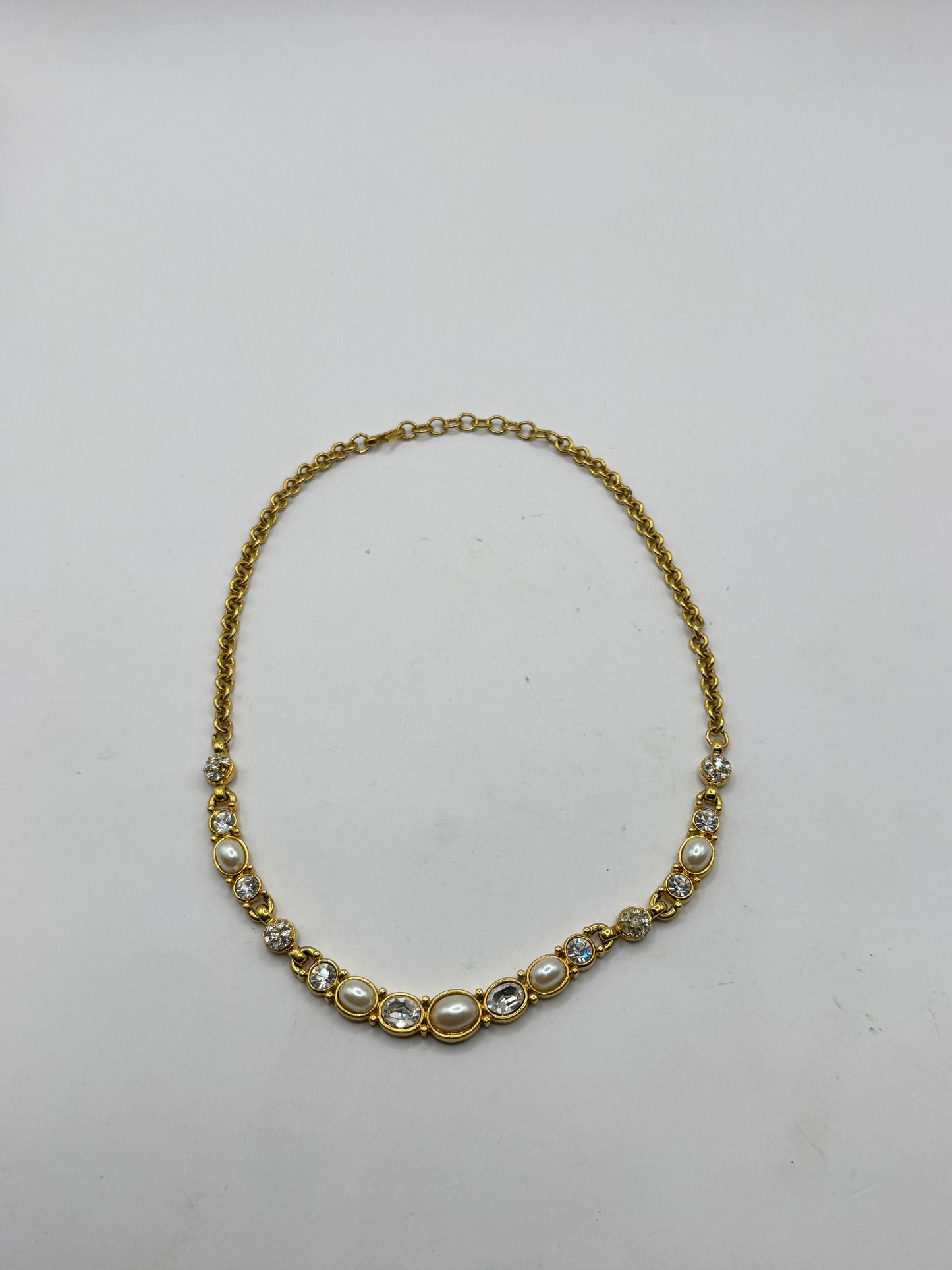 Vintage Monet Gold Tone Necklace with Faux Pearls & Rhinestones – Elegant Statement Collar Necklace