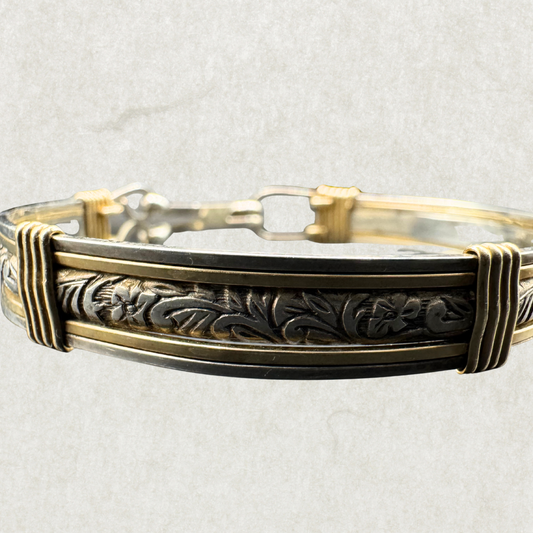 Vintage Sterling Silver Bracelet with 14k Gold-Filled Accents – Floral Engraved