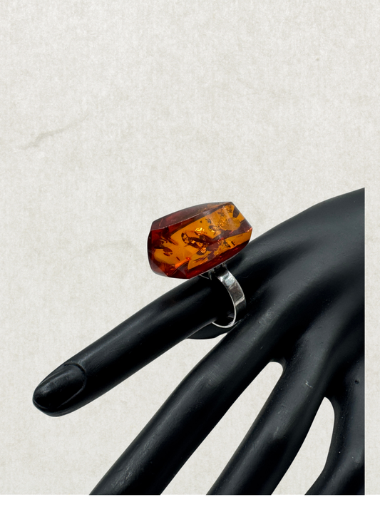 Vintage Amber Ring Sterling Silver Large Cognac Amber Statement Ring Sz 9.5