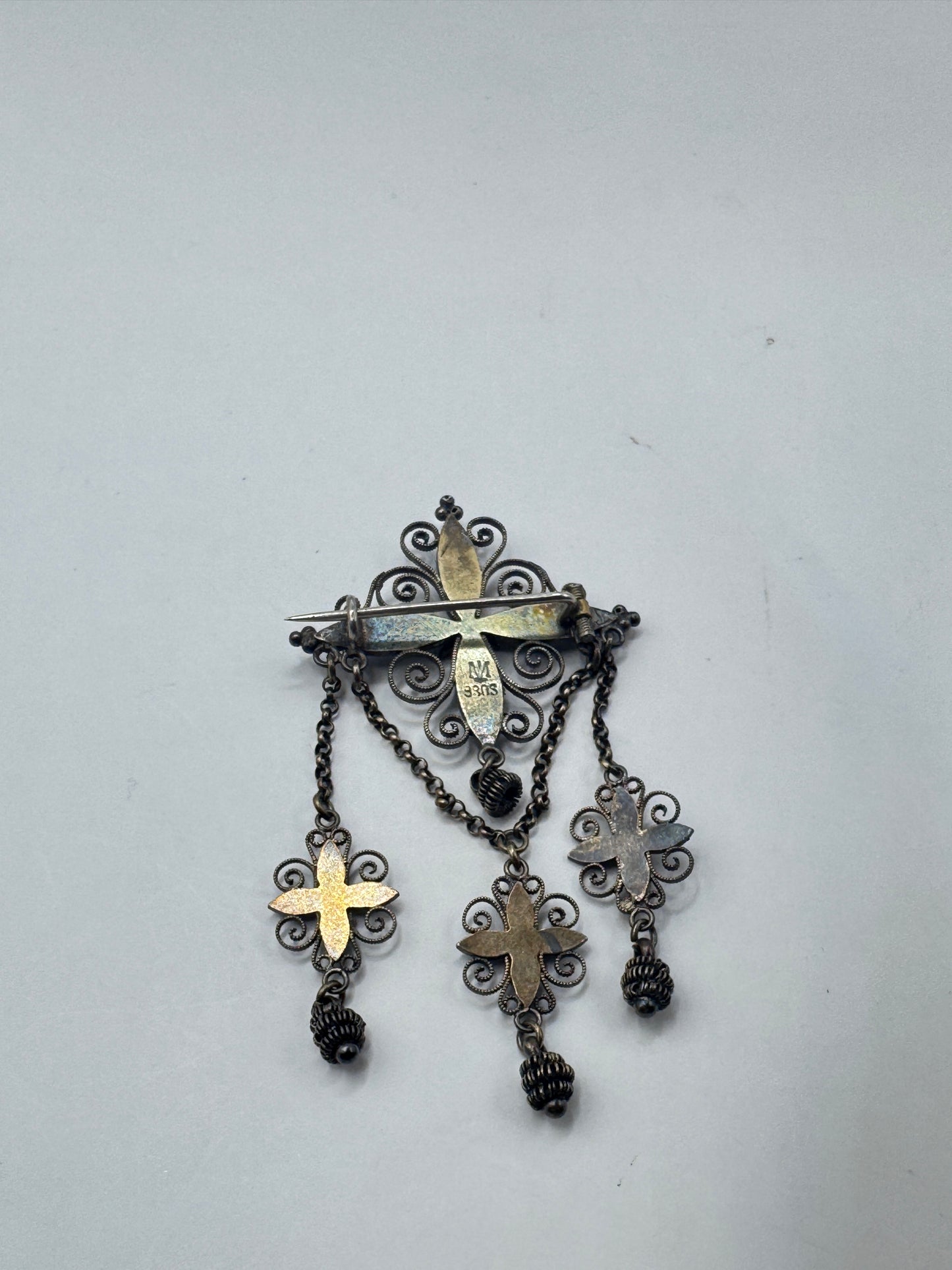 Authentic Antique Marius Hammer Silver 930 Filigree Brooch with Blue Enamel & Thimble Drops, c.1900 – Good Condition