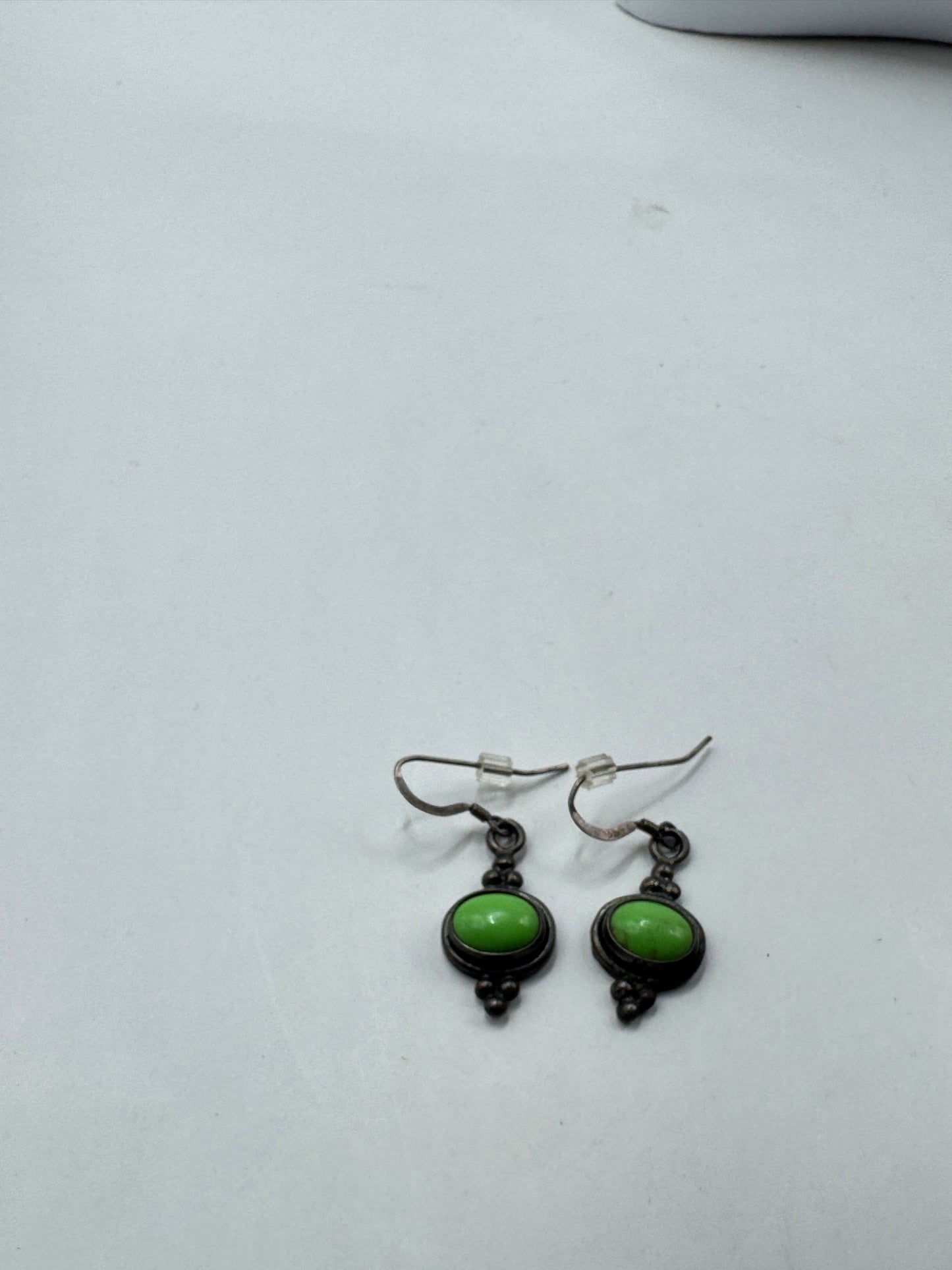 Vintage Garnet Sterling Silver Earrings – Green Cabochon Stone, 925 Marked, Dangle Drop