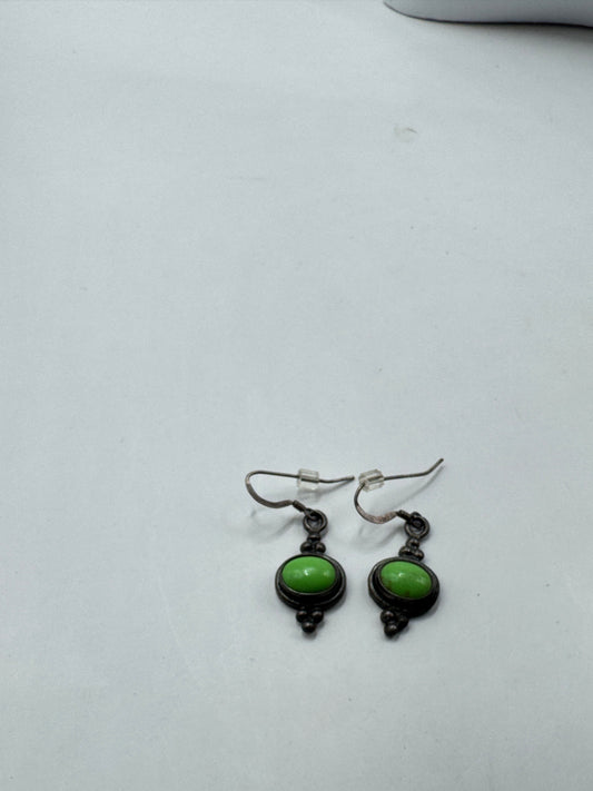 Vintage Garnet Sterling Silver Earrings – Green Cabochon Stone, 925 Marked, Dangle Drop