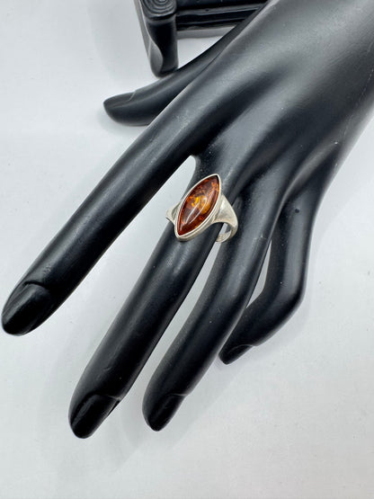 Vintage Sterling Silver Navette Amber Ring Size 8