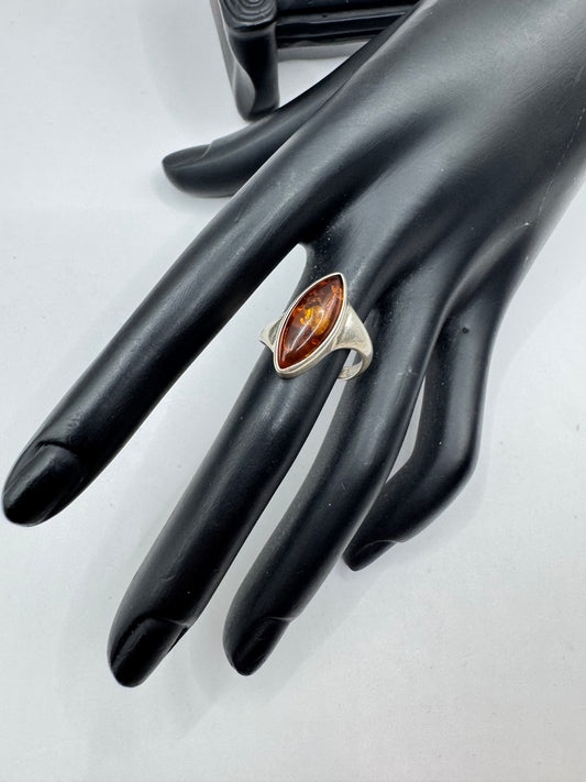Vintage Sterling Silver Navette Amber Ring Size 8