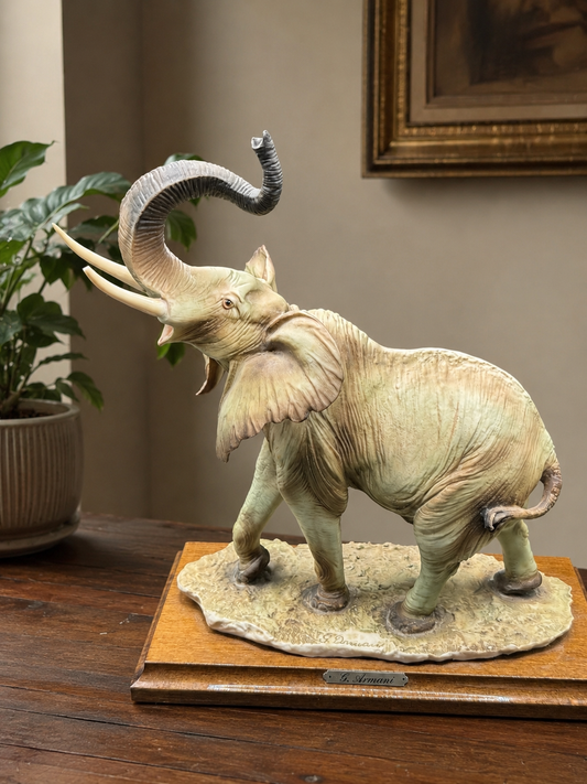 Giuseppe Armani Florence Capodimonte Elephant Sculpture – Signed G. Armani – Hand Painted Figurine on Wood Base – Damaged Tusk