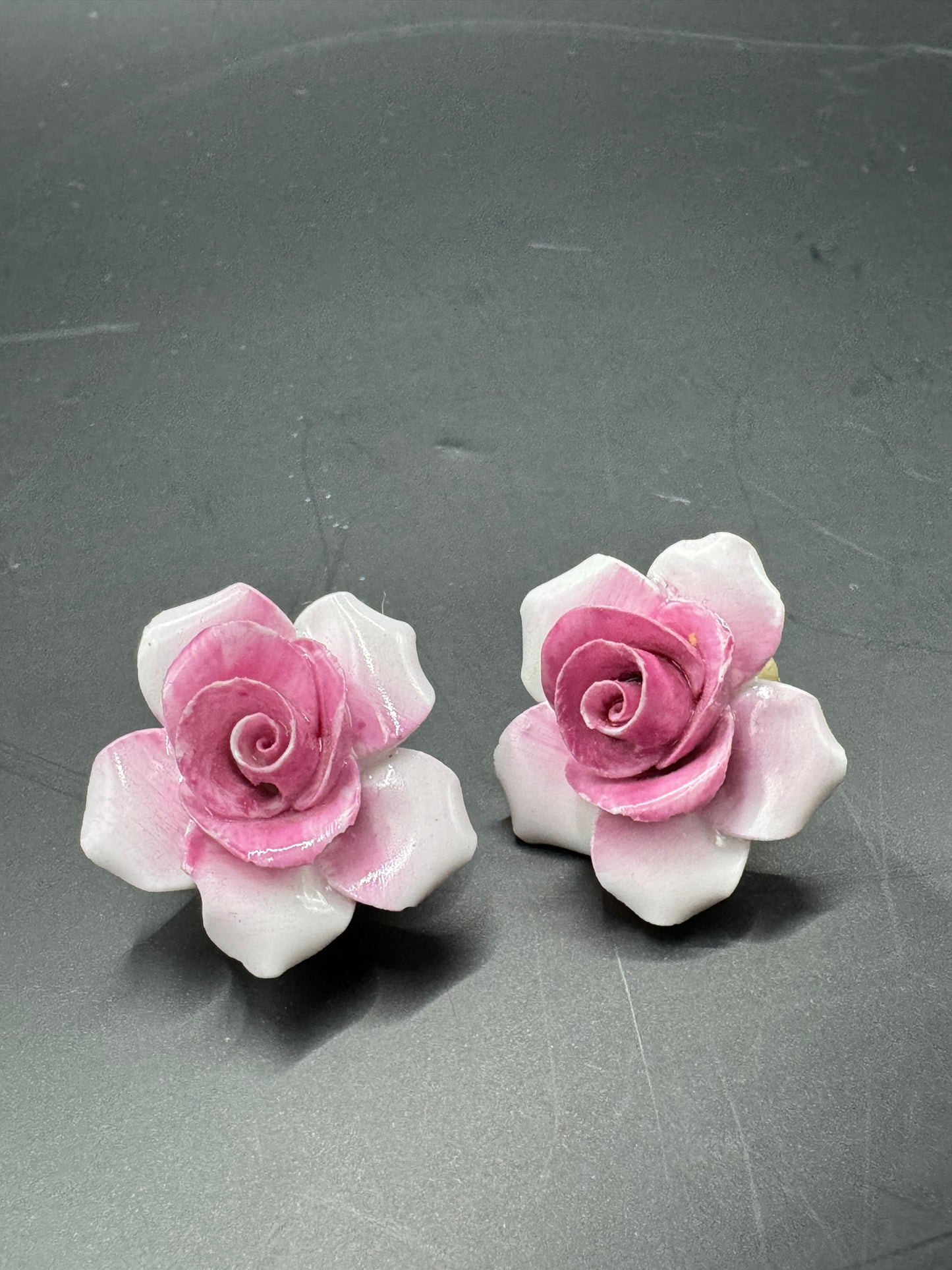 Vintage Porcelain Rose Clip-On Earrings – Pink Floral, Made in England, Mid-Century