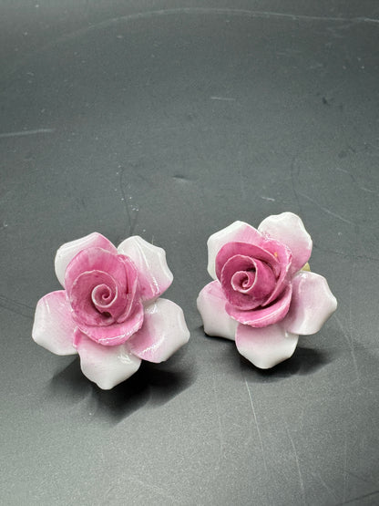 Vintage Porcelain Rose Clip-On Earrings – Pink Floral, Made in England, Mid-Century