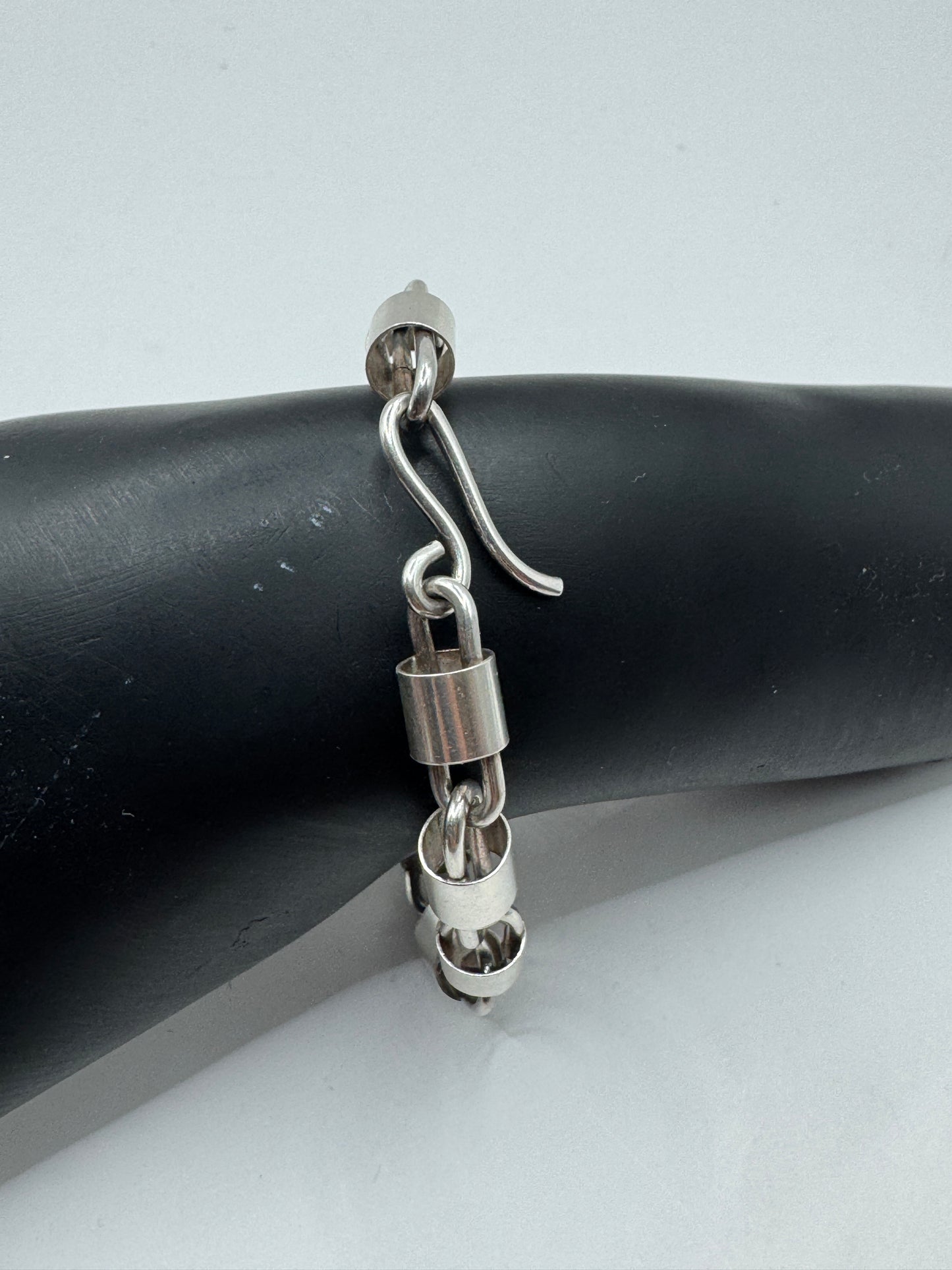 Vintage Modernist Cylinder Link Bracelet – Sterling Silver 925, 18.7g, 7.5”