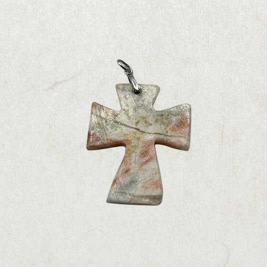 Vintage Large Stone Cross Pendant – Sterling Silver Natural Stone Cross Charm