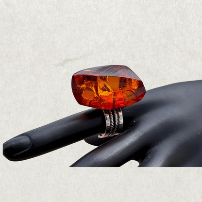 Sterling Silver Ring with Large Faceted Amber, Size 9