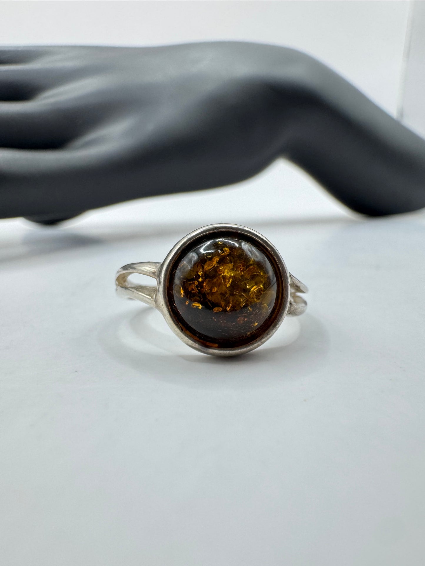 Sterling Silver Round Amber Ring Size 8