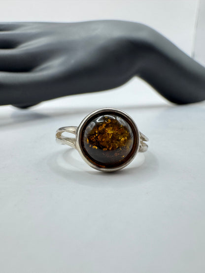 Sterling Silver Round Amber Ring Size 8