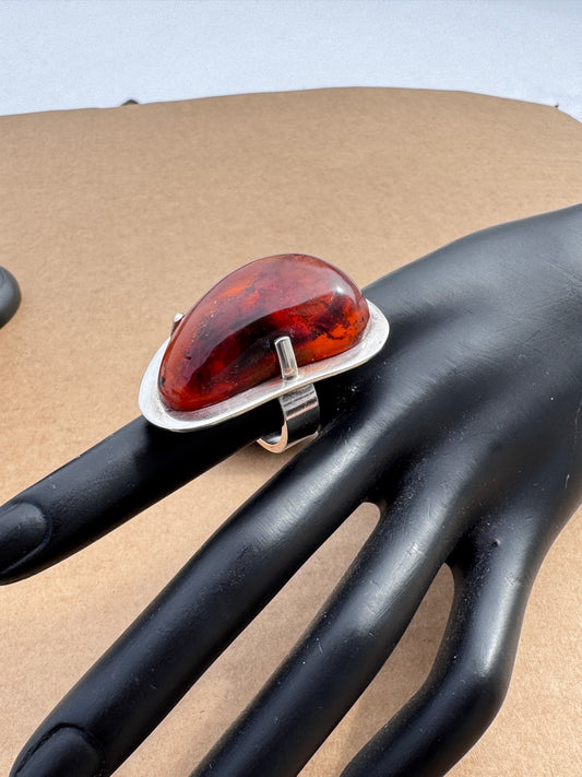 Fischland Ostseeschmuck Sterling Silver Ring Mogens Godskesen with Baltic Amber, Size 7.5
