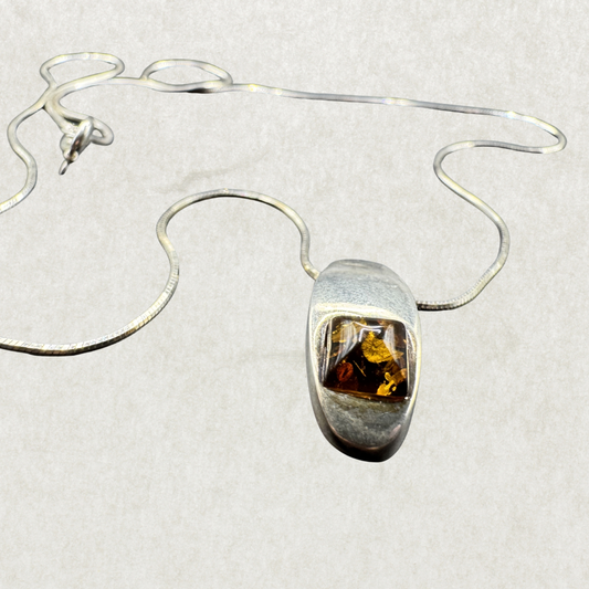 Amber Statement Pendant Necklace – 925 Sterling Silver, 17” Chain