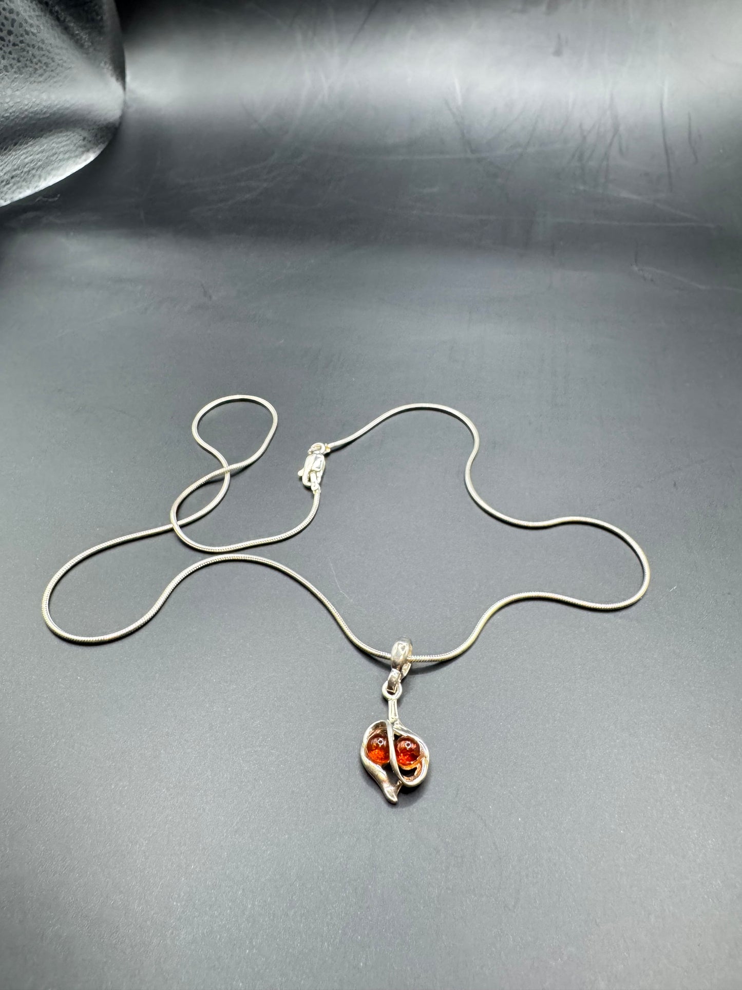 Amber Drop Pendant Necklace – 925 Sterling Silver, 17” Chain