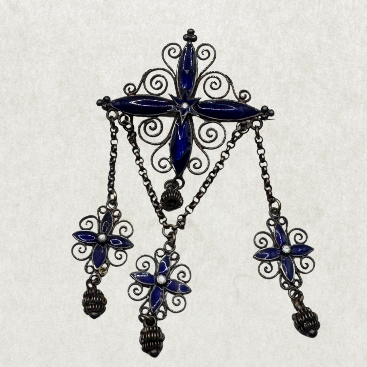 Authentic Antique Marius Hammer Silver 930 Filigree Brooch with Blue Enamel & Thimble Drops, c.1900 – Good Condition