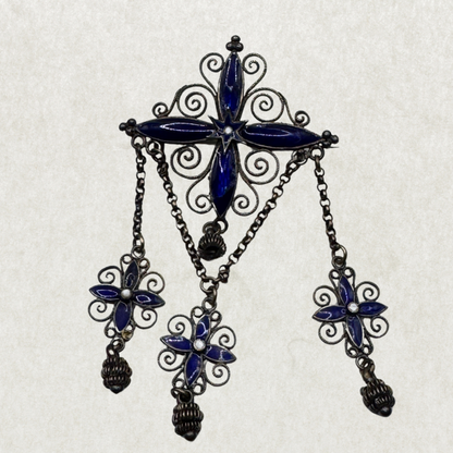 Authentic Antique Marius Hammer Silver 930 Filigree Brooch with Blue Enamel & Thimble Drops, c.1900 – Good Condition