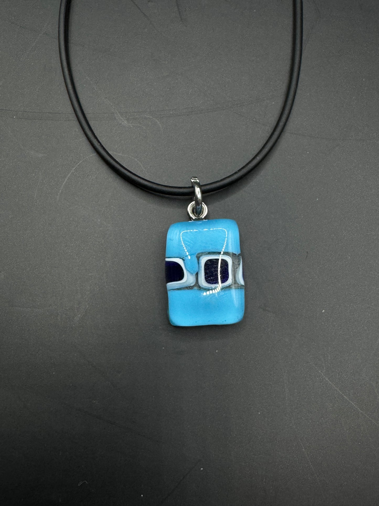 Vintage Murano Glass Pendant Necklace – Blue Geometric Design, Italian Art Glass, 16”