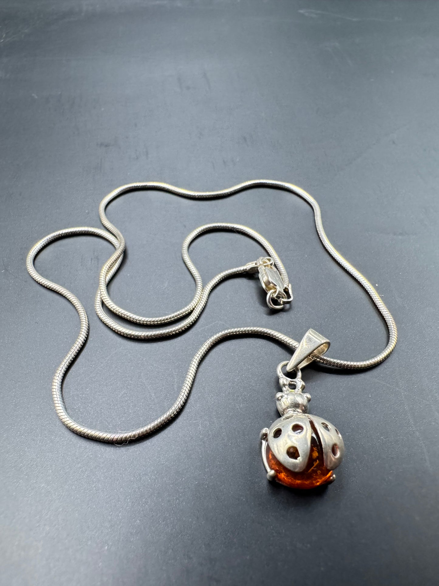 Amber Ladybug Pendant Necklace – 925 Sterling Silver, 15” Chain