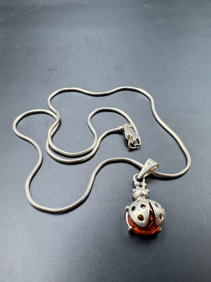 Amber Ladybug Pendant Necklace – 925 Sterling Silver, 15” Chain