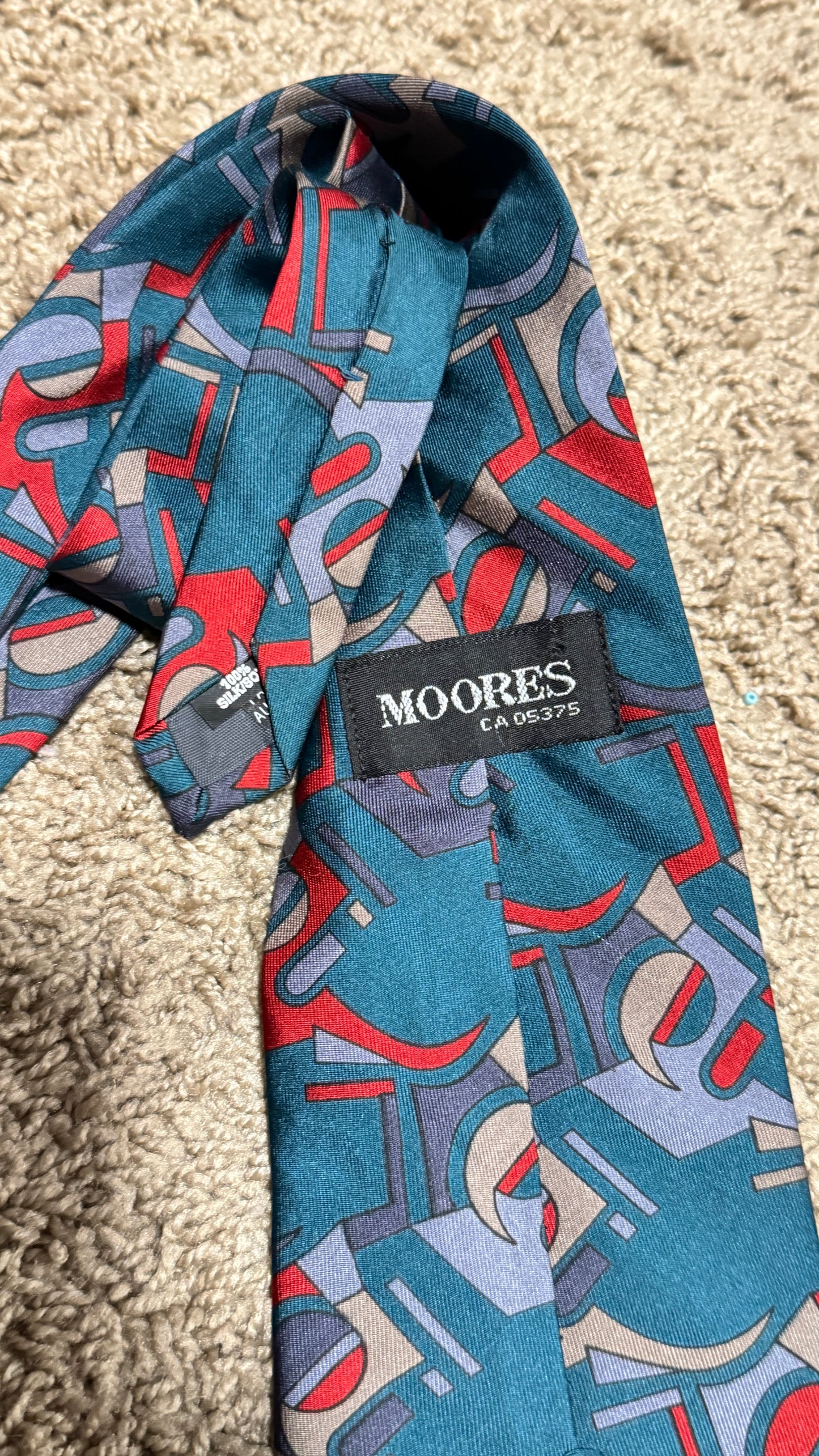 Vintage Moores Silk Tie – Abstract Geometric Pattern, Teal & Red, 100% Silk, 55”