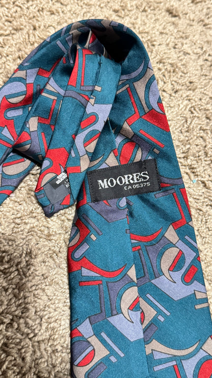 Vintage Moores Silk Tie – Abstract Geometric Pattern, Teal & Red, 100% Silk, 55”