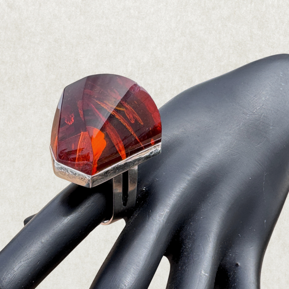 Sterling Silver Ring with Faceted Fire Amber, Size 7.5
