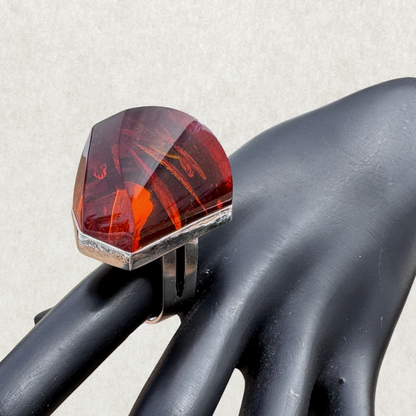 Sterling Silver Ring with Faceted Fire Amber, Size 7.5