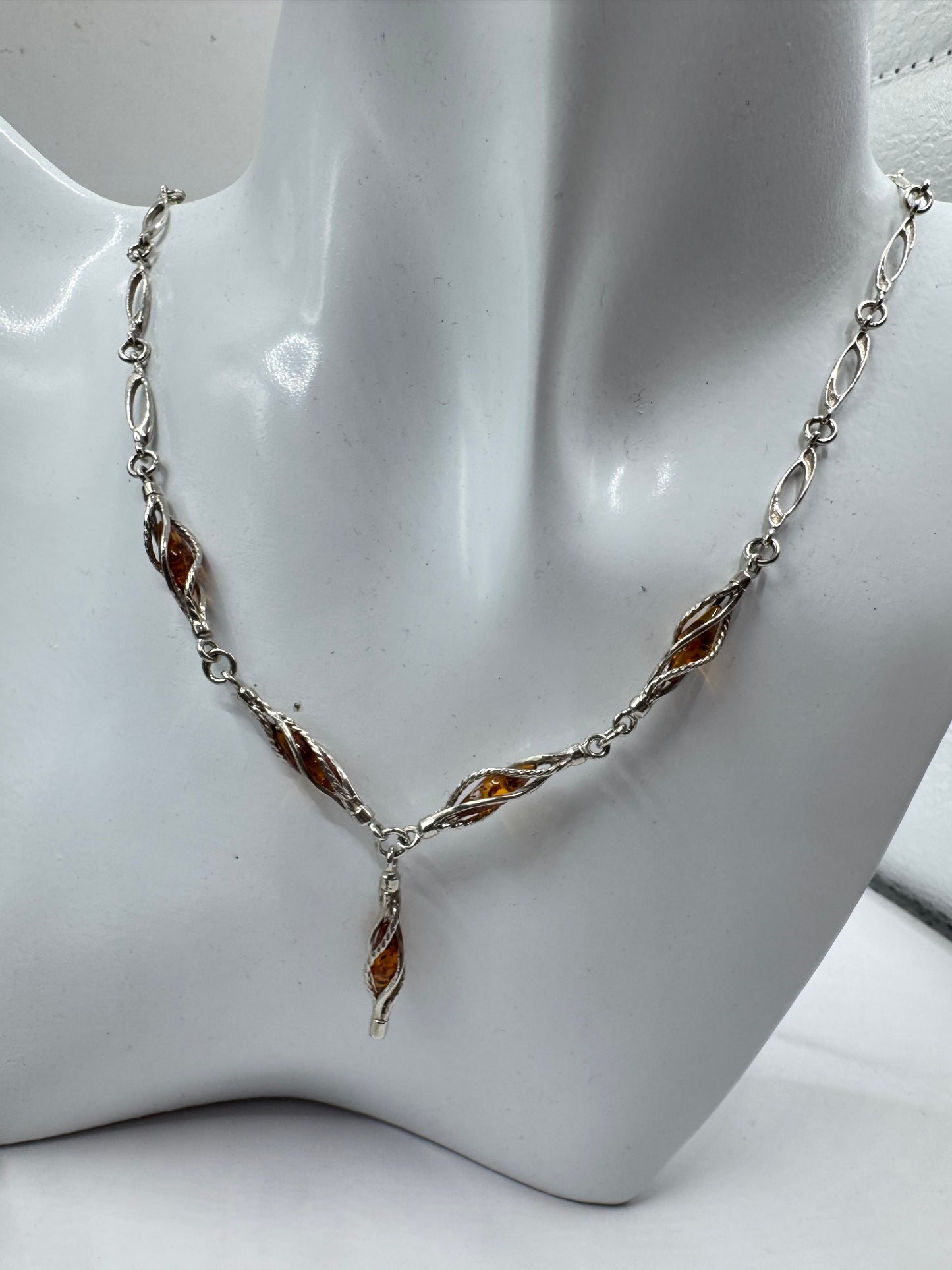 Sterling Silver Amber Necklace and Bracelet Set