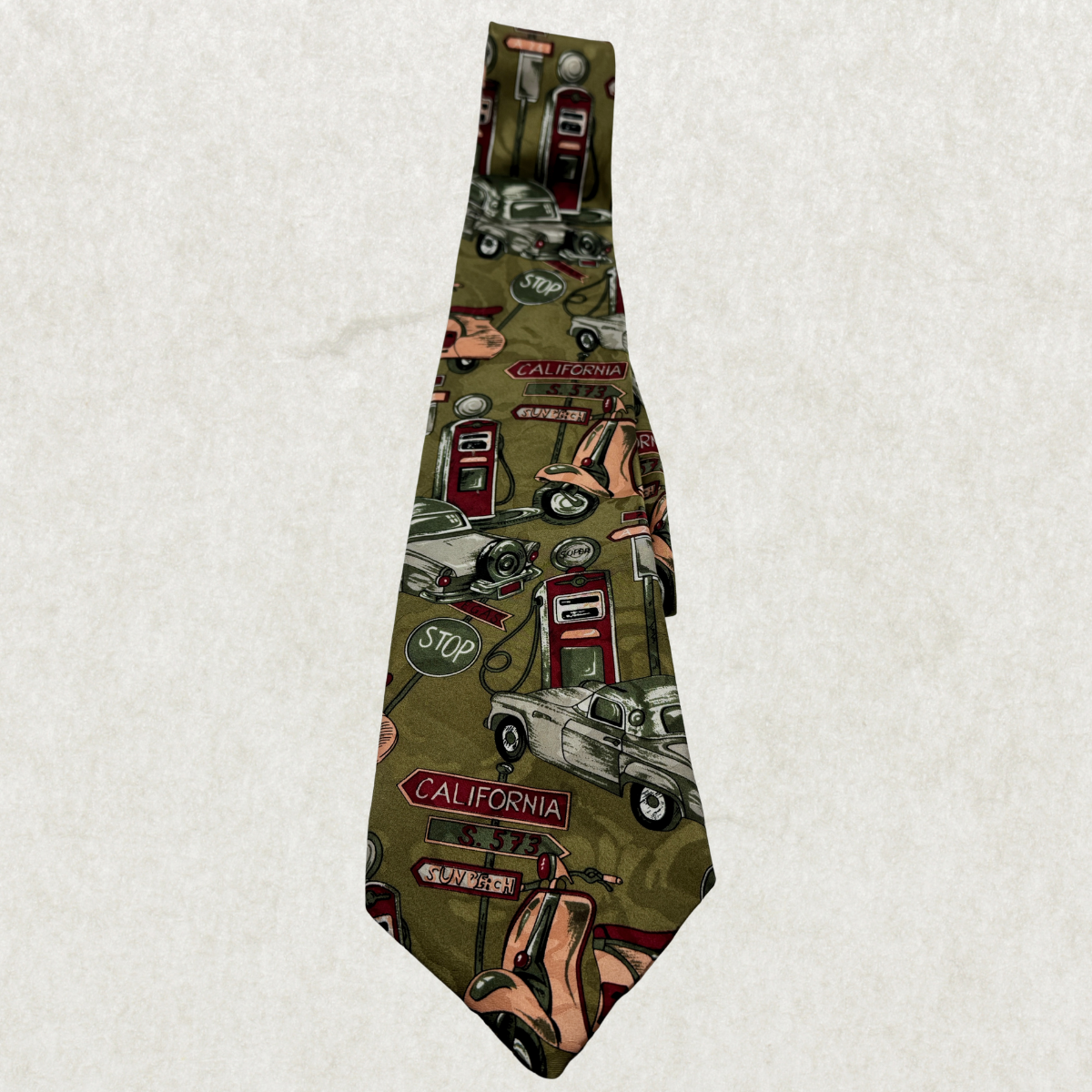Vintage Club International 100% Silk California Scenic Tie, Olive Green Novelty Print