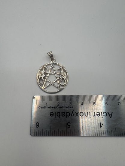 Vintage Sterling Silver Pendant – Large Pentagram with Dragons