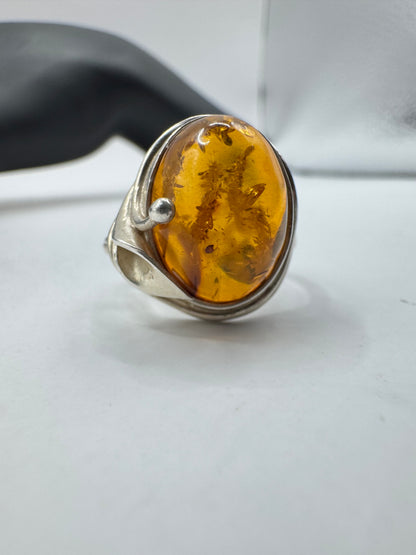 Vintage Sterling Silver Golden Amber Garden Ring Size 7