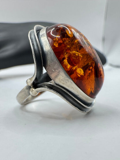 Vintage Sterling Silver X-Large Amber Sculpture Ring Size 7