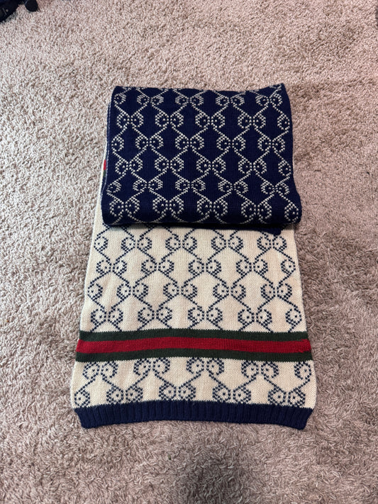 Vintage Gucci Men’s Wool Scarf – Navy & Cream Monogram, 70” x 12”