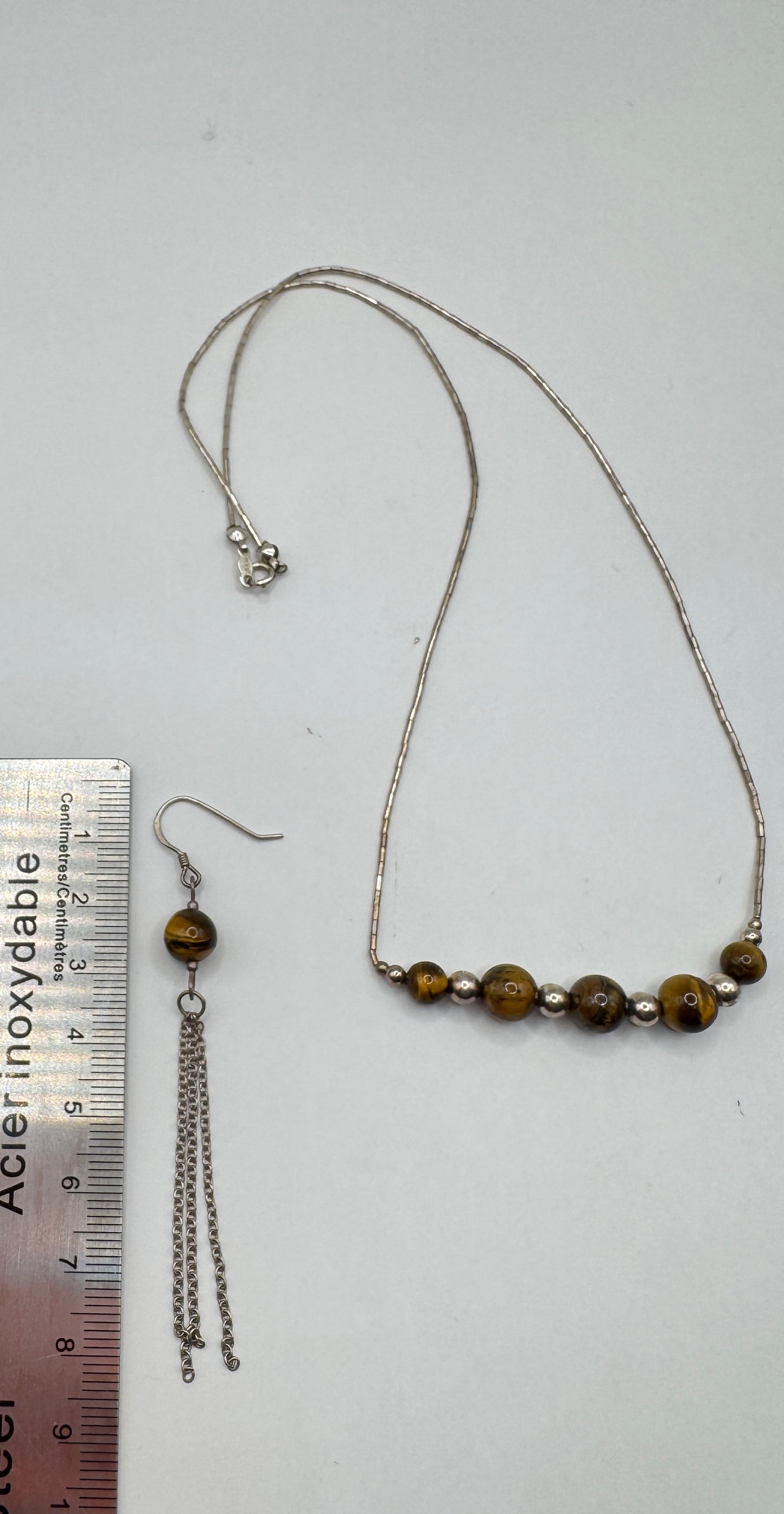 Vintage Sterling Silver Tiger’s Eye Necklace & Earring Set – Excellent Condition
