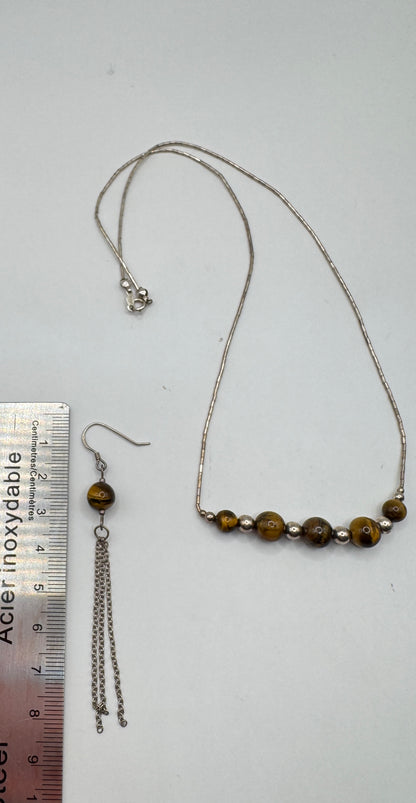 Vintage Sterling Silver Tiger’s Eye Necklace & Earring Set – Excellent Condition