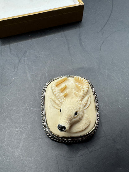Vintage KORITE Sterling Silver 925 Pendant Brooch – Fossil Mammoth Ivory Deer Carving – CITES Exempt – Large Wildlife Statement Piece – New Old Stock