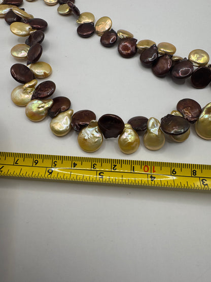 Vintage Double Strand Brown Mother of Pearl Shell Nugget Necklace – 925 Sterling Silver Clasp