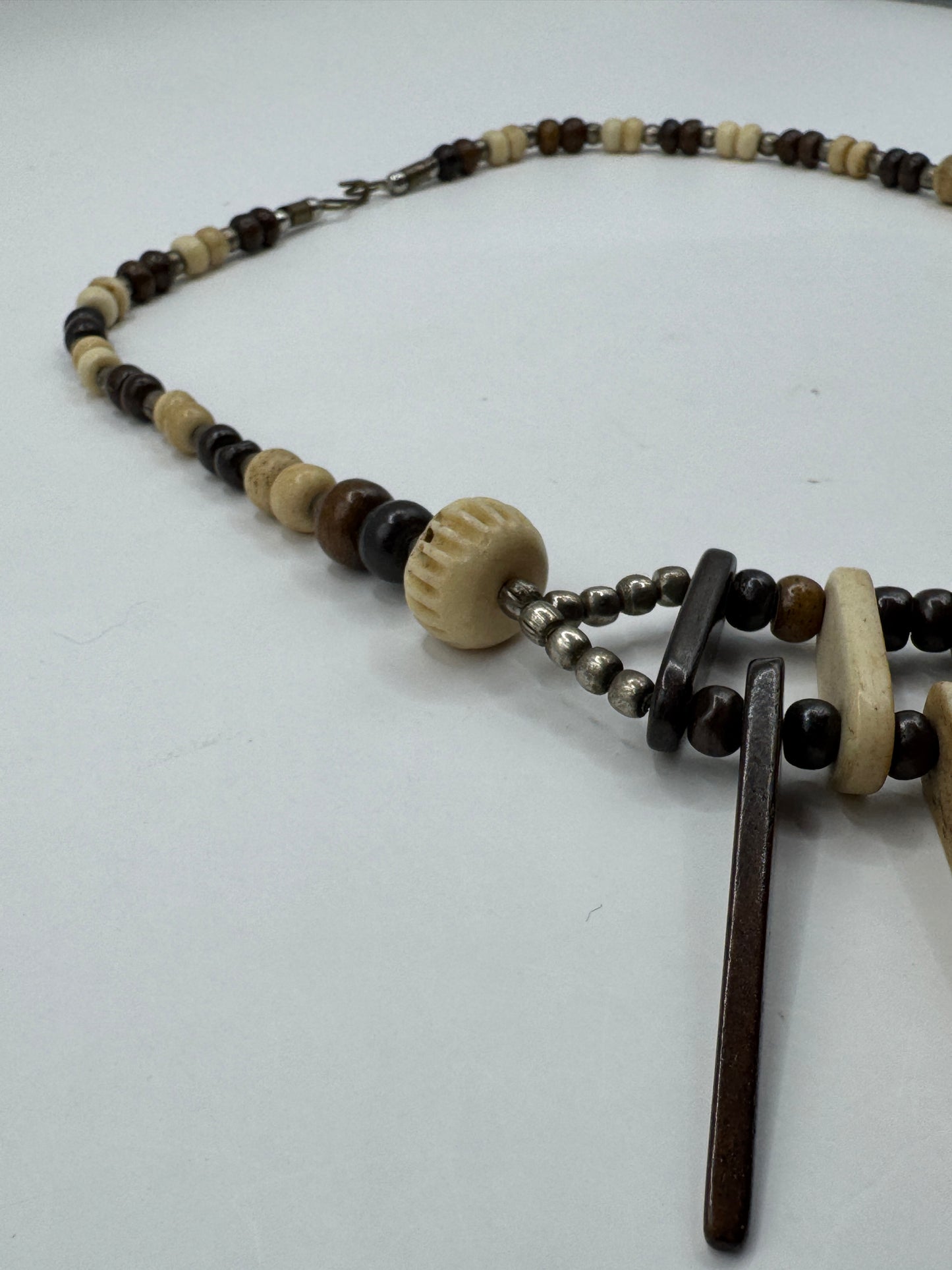Vintage Bohemian Artisan Necklace – Bone & Mahogany Wood, Tribal Fringe Design, 20”