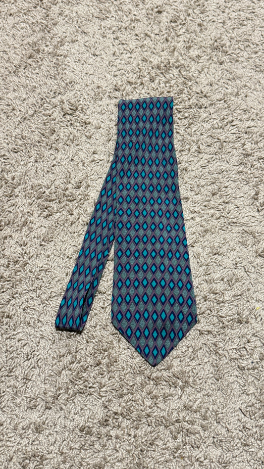 Vintage Sazzari Silk Tie – Geometric Diamond Pattern, Purple & Teal, 100% Silk, 57”
