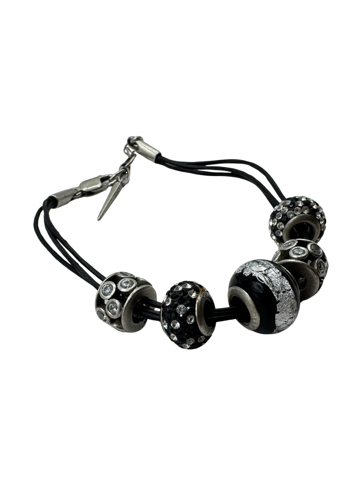 Vintage APART Sterling Silver & Leather Charm Bracelet – Black Rhinestone European Bead Style