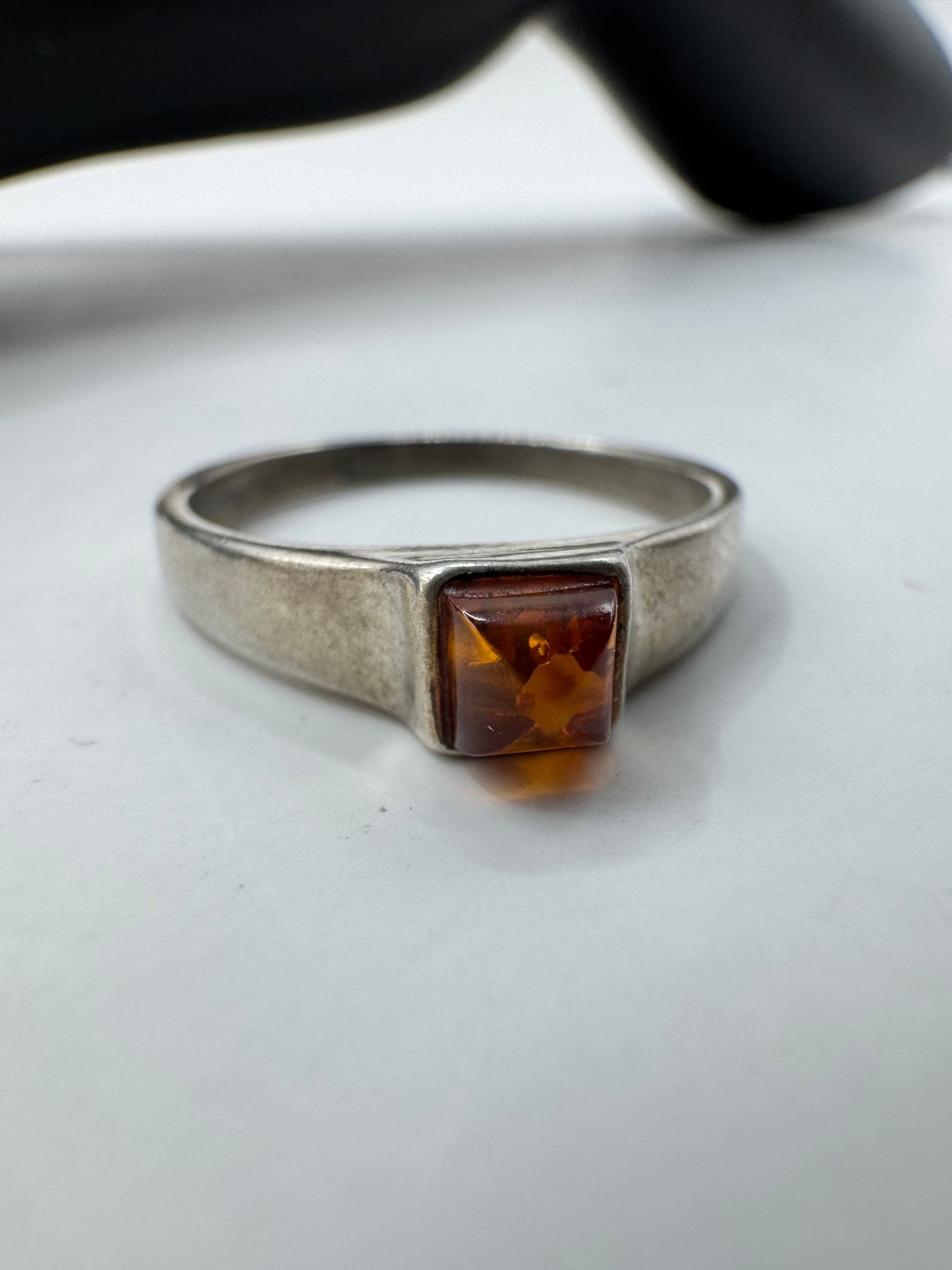 Silver 925 Square Amber Ring Size 7.5