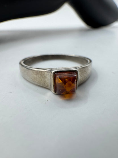 Silver 925 Square Amber Ring Size 7.5