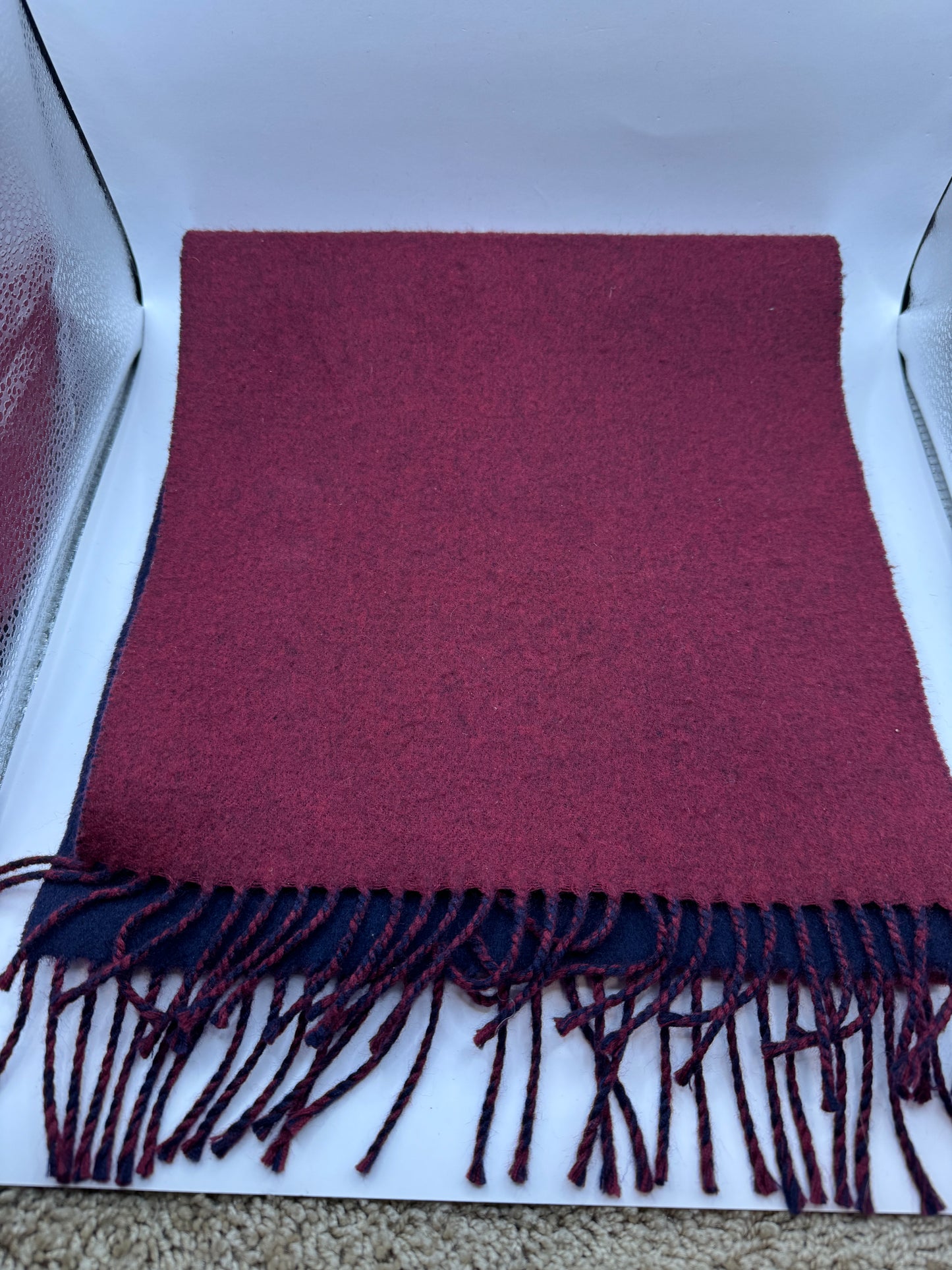 Vintage DAKS Men’s Scarf – 100% Cashmere, Navy & Burgundy, 59” x 12”