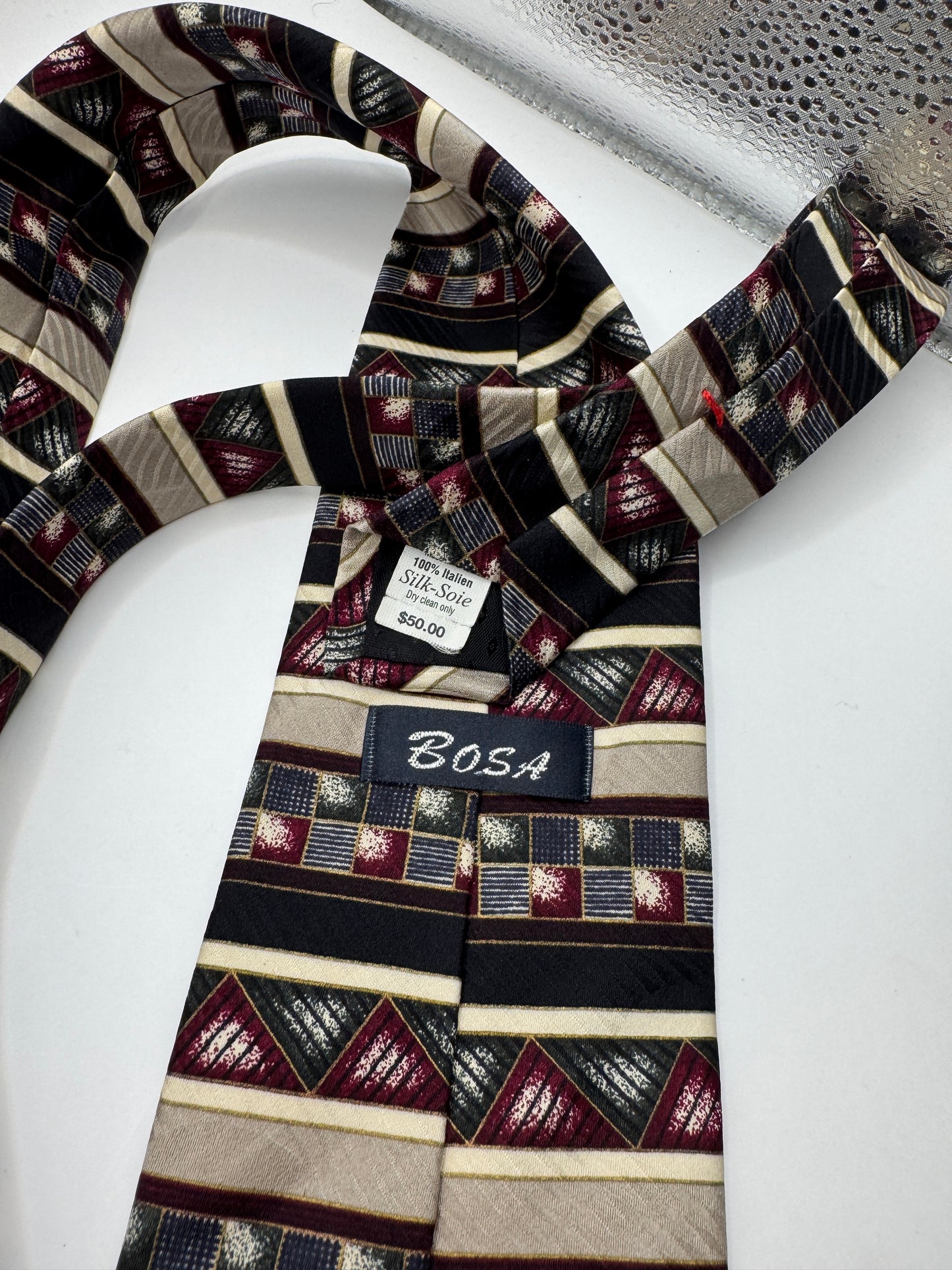Vintage Bosa Silk Tie – 100% Silk, Geometric Stripe Pattern