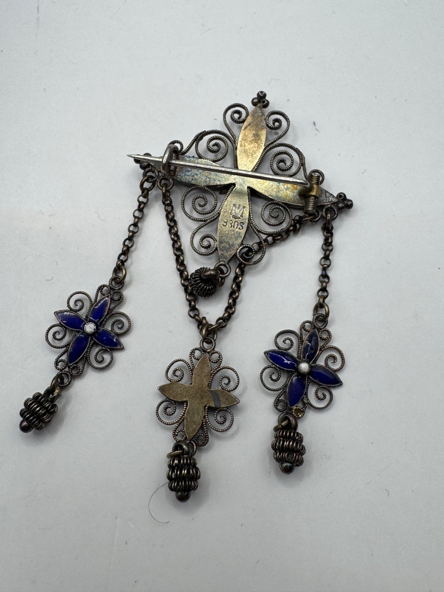 Authentic Antique Marius Hammer Silver 930 Filigree Brooch with Blue Enamel & Thimble Drops, c.1900 – Good Condition