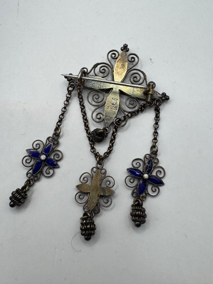 Authentic Antique Marius Hammer Silver 930 Filigree Brooch with Blue Enamel & Thimble Drops, c.1900 – Good Condition